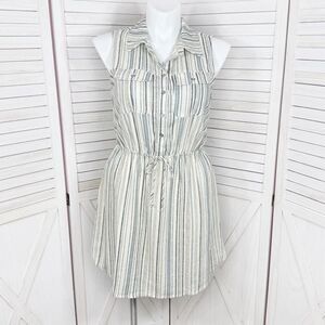 Bebop Striped Linen Blend Sleeveless Shirt Dress Drawstring Waist Cream Blue XL‎